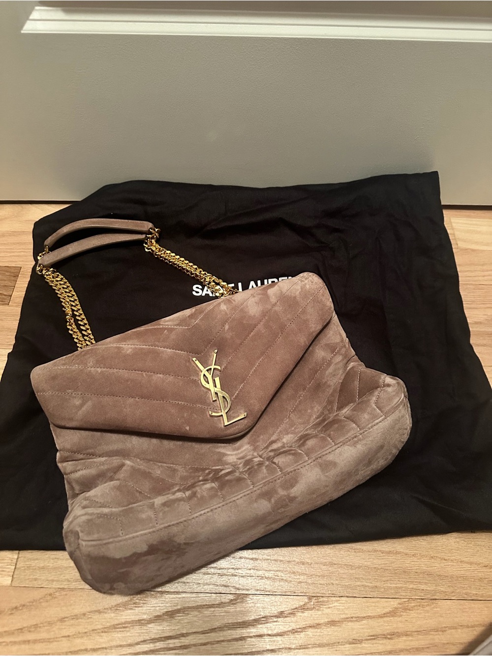 Saint Laurent Taupe Quilted Suede Shoulder Bag with Gold Chain